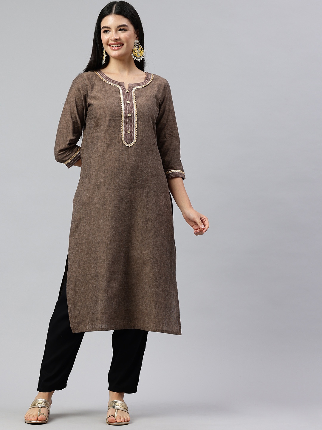 

Alena Sequined Yoke Design Kurta, Brown