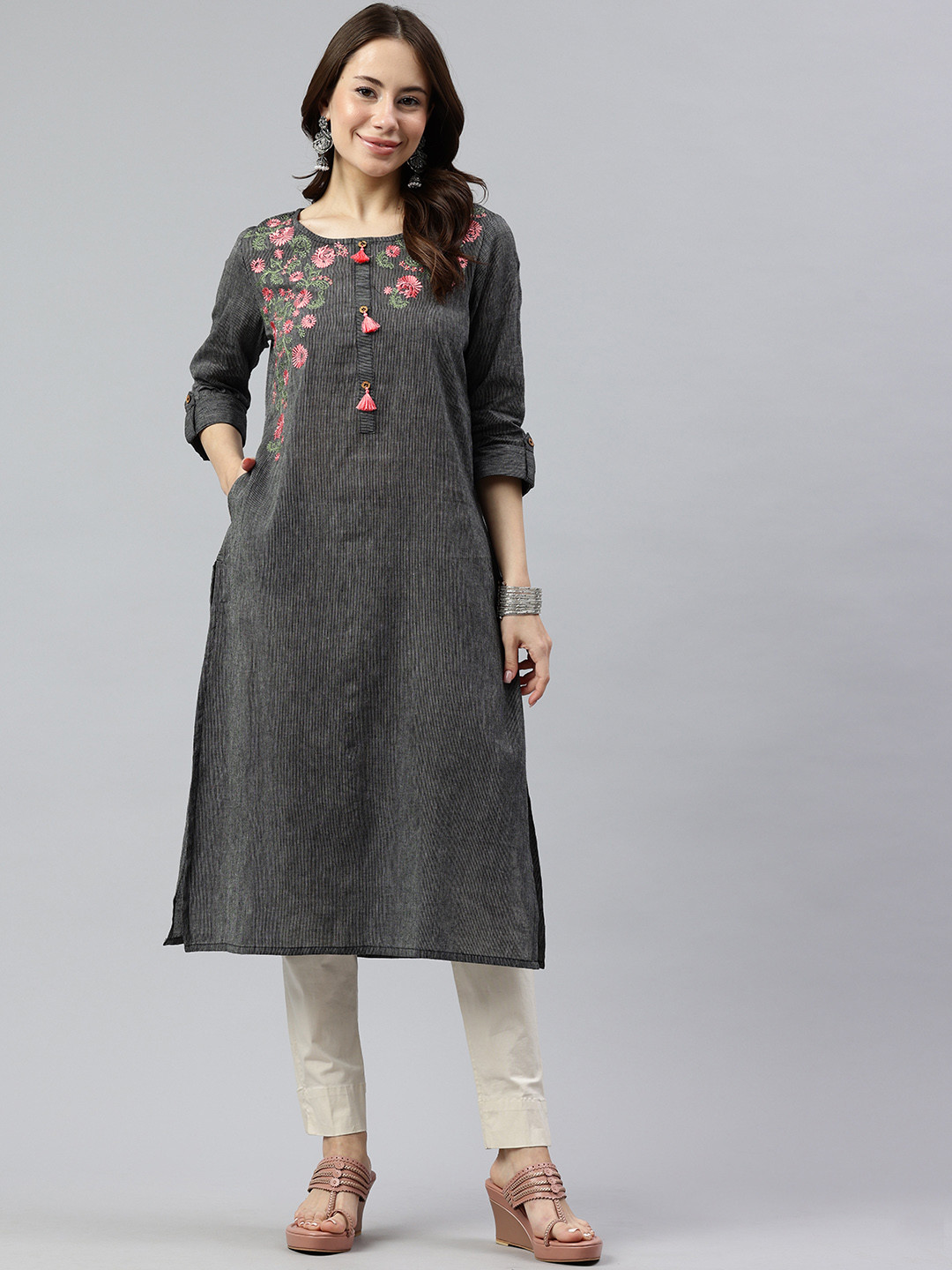

Alena Floral Embroidered Kurta, Charcoal