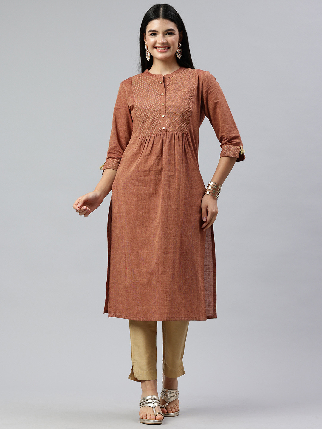 

Alena Pleated Yoke Design Kurta, Rust