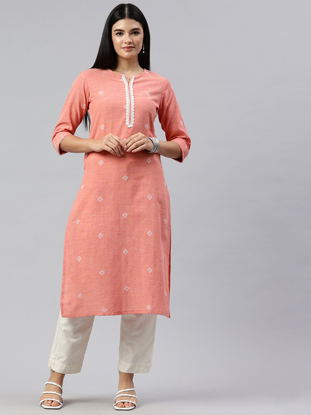 

Alena Woven Designed Straight Kurta, Pink