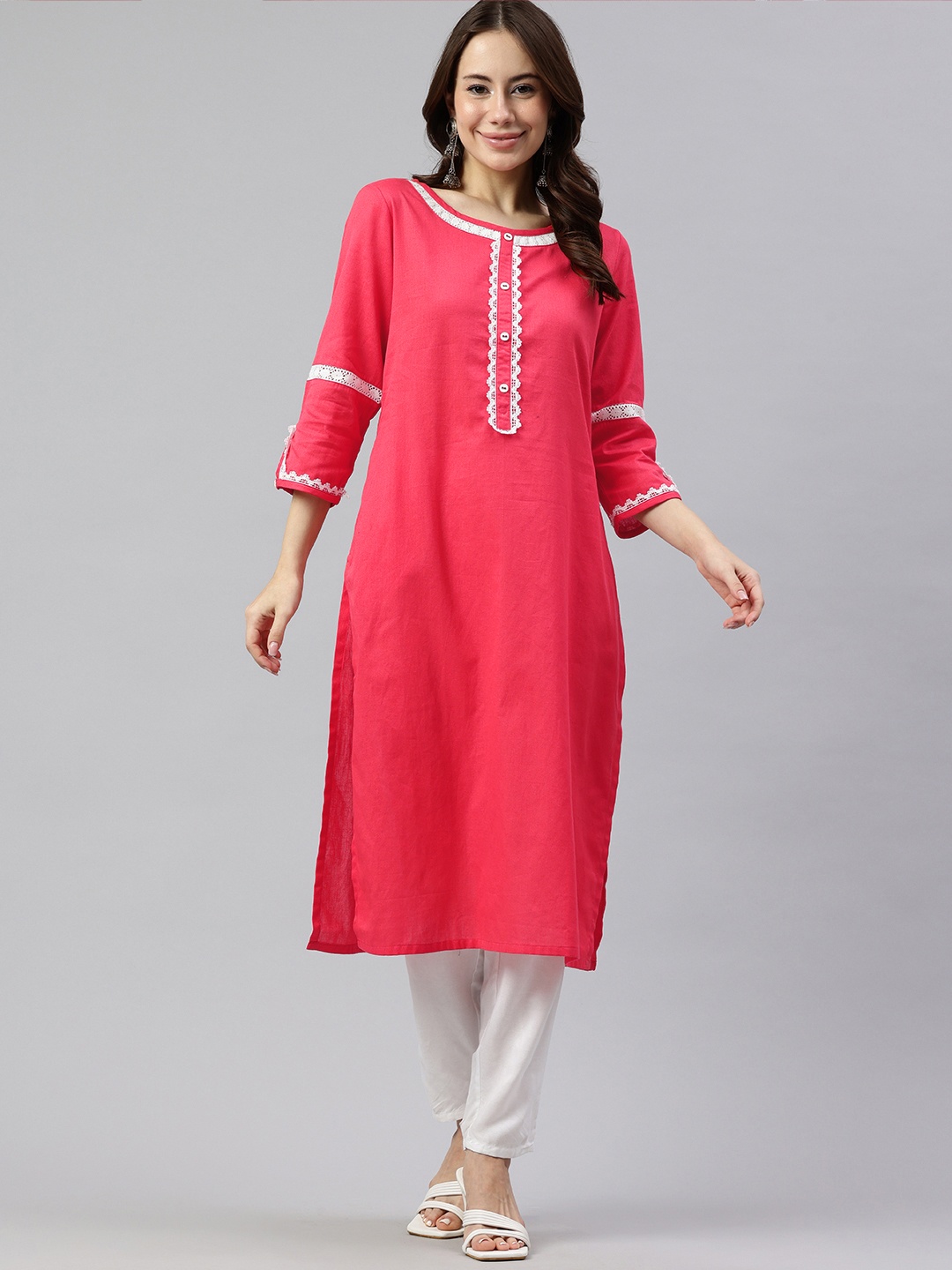 

Alena A-Line Lace Detail Kurta, Pink