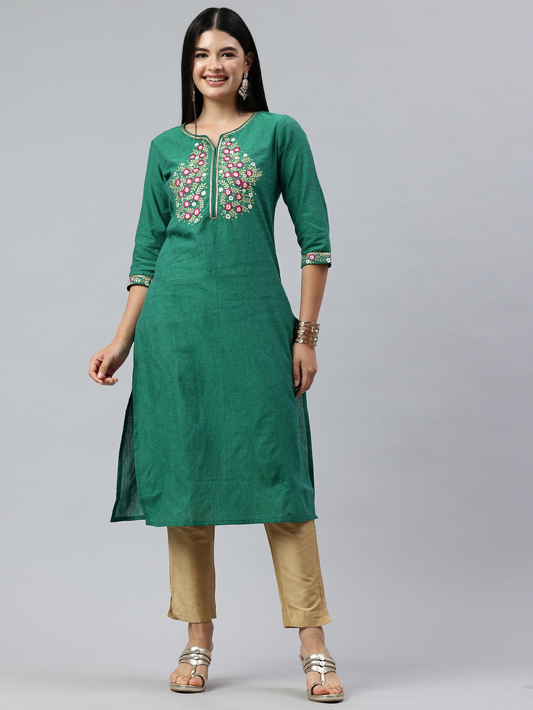 

Alena Floral Embroidered Gotta Patti Pure Cotton Kurta, Green