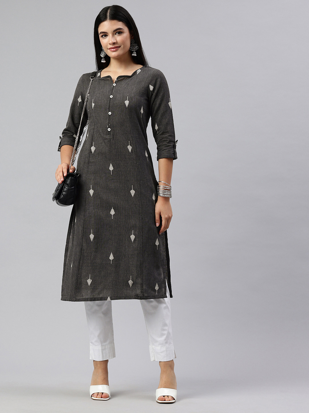

Alena Roll-Up Sleeves Ethnic Motifs Woven Design A-Line Kurta, Charcoal