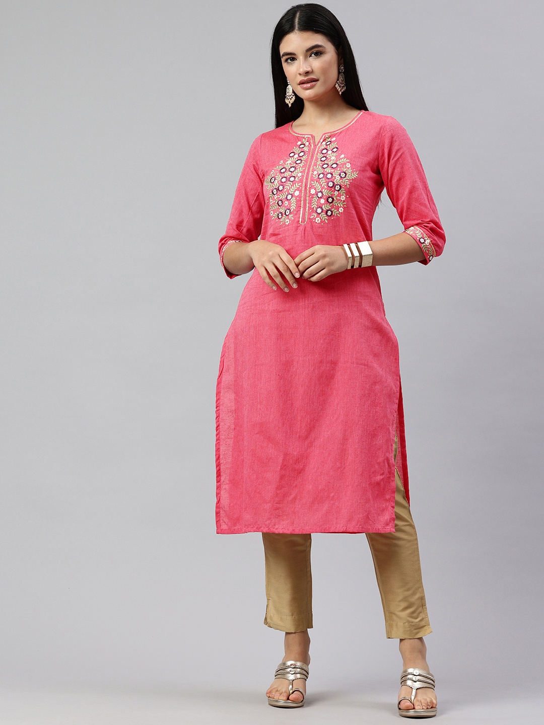 

Alena Floral Embroidered Thread Work A-Line Kurta, Pink