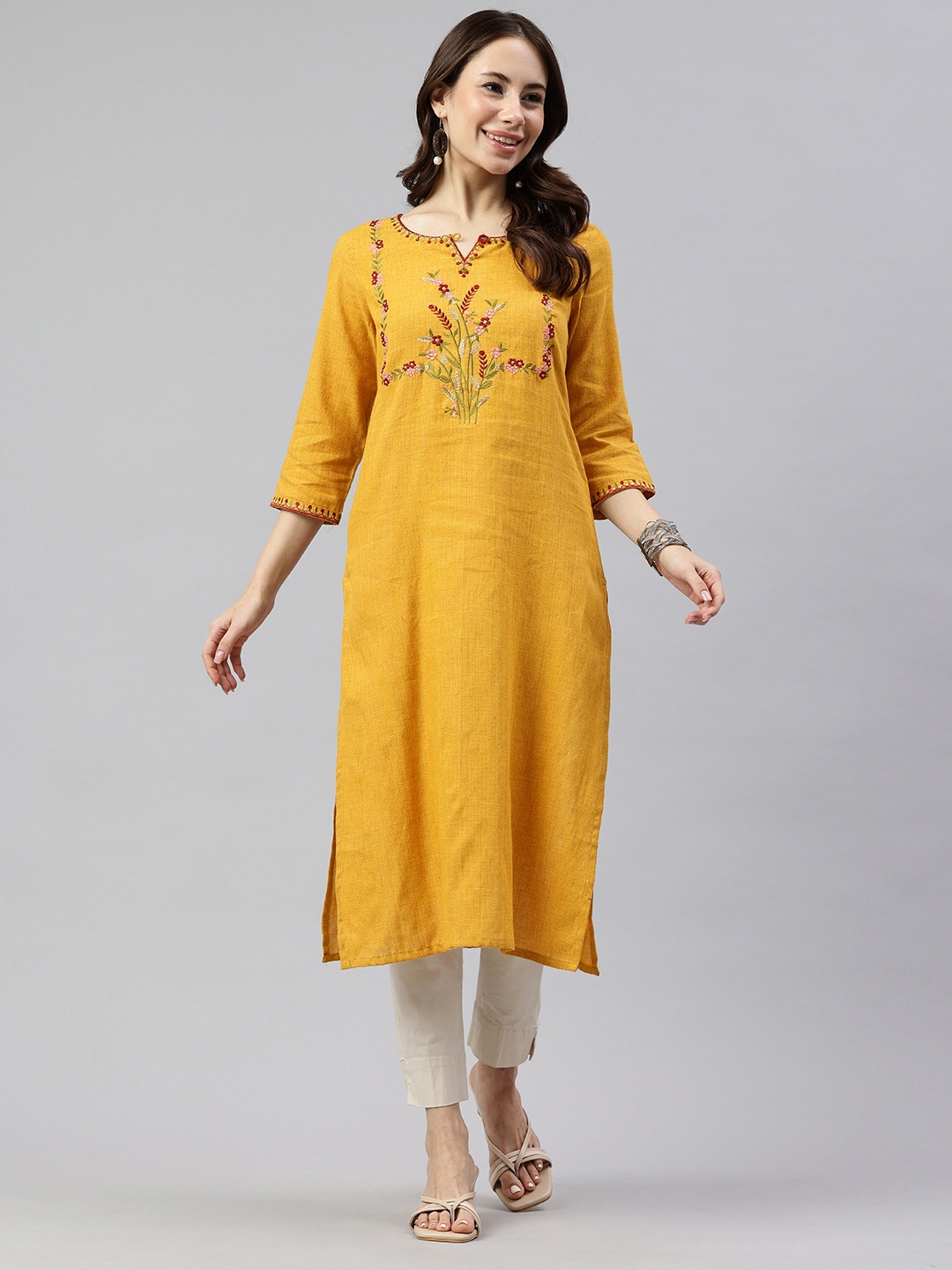 

Alena Floral Embroidered Thread Work Floral A-Line Kurta, Mustard