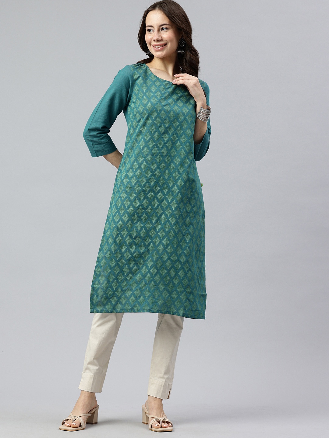 

Alena Geometric Printed Pure Cotton Kurta, Teal