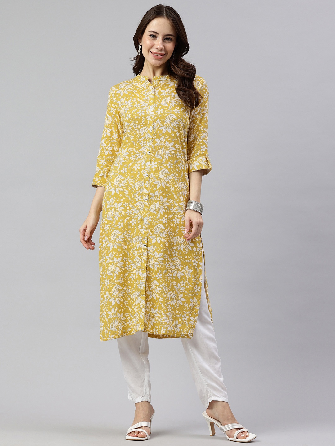 Alena Floral Printed Straight Kurta, Mustard