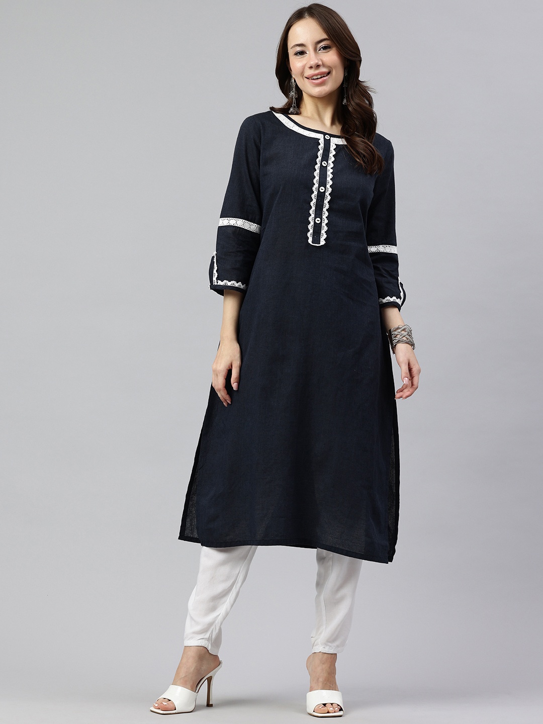 

Alena A-Line Lace Detail Kurta, Navy blue