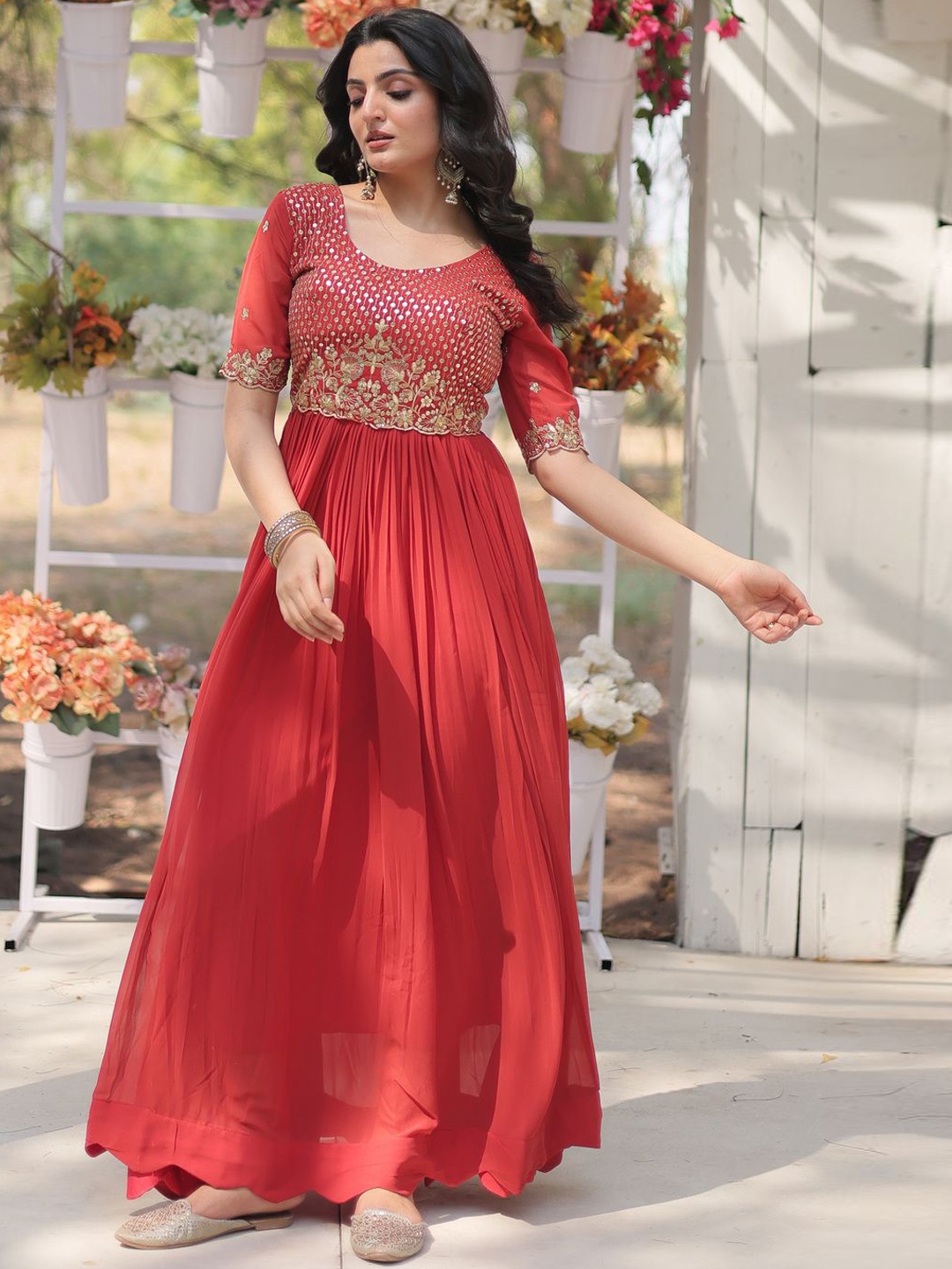 

KALINI Embroidered Georgette A-line Gown Ethnic Dress, Red