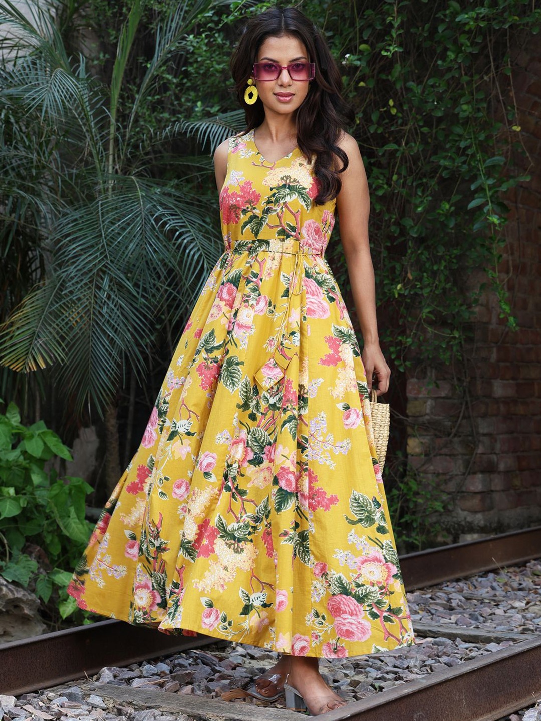 

GULMOHAR JAIPUR Floral Printed Sleeveless V-Neck Cotton Fit & Flare Maxi Dress, Yellow