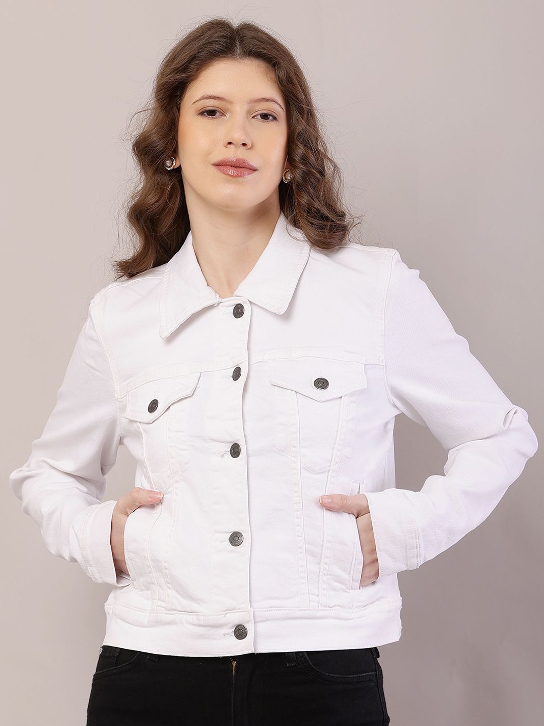 

NoBarr Women Spread Collar Solid Cotton Casual Denim Jacket, White