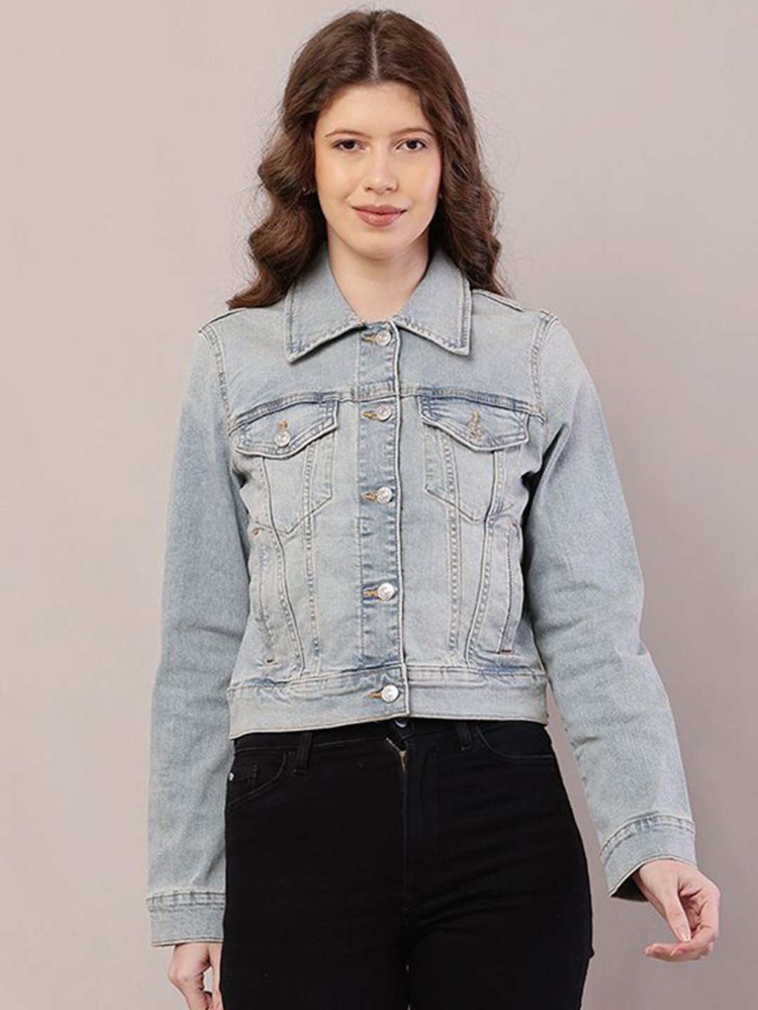 

NoBarr Women Spread Collar Washed Solid Cotton Casual Denim Jacket, Blue