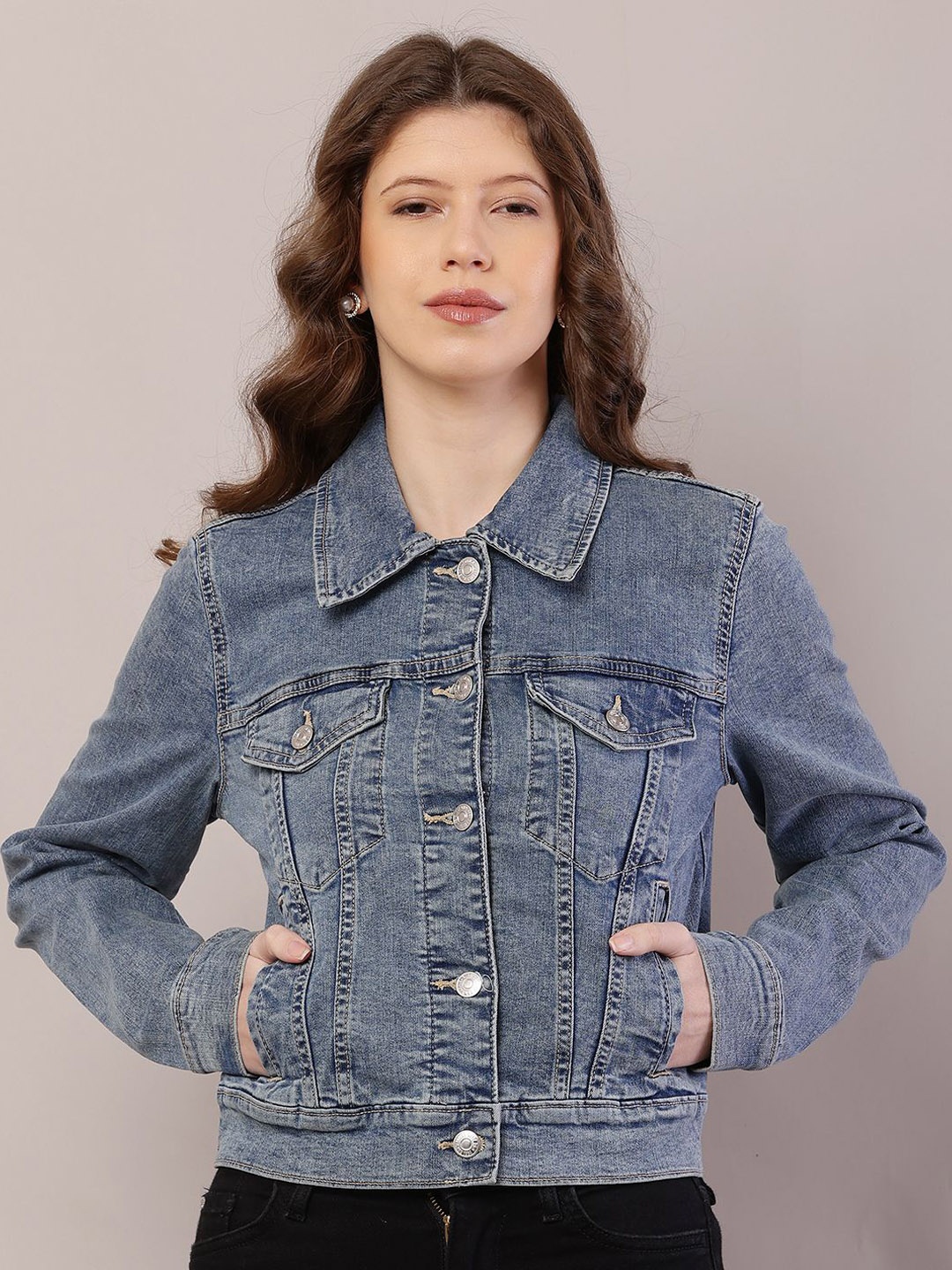 

NoBarr Women Spread Collar Washed Solid Cotton Casual Denim Jacket, Blue