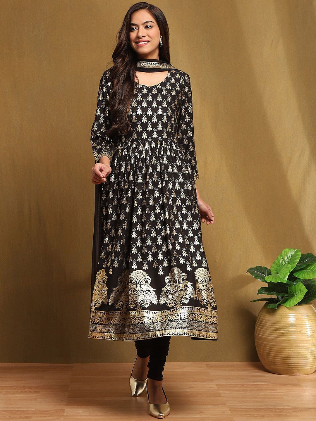 

Biba Ethnic Motifs Printed Anarkali Kurta with Churidar & Dupatta, Black