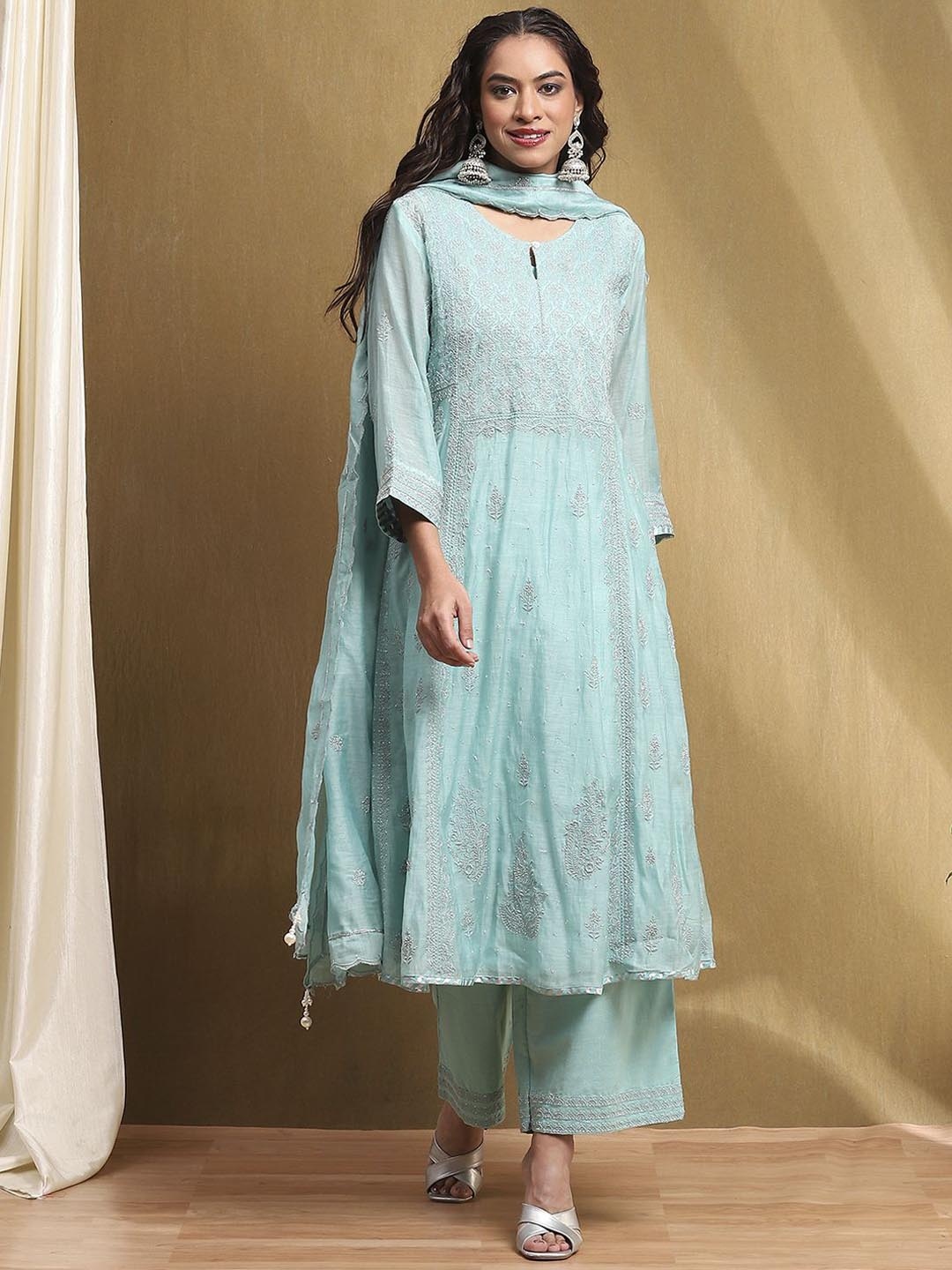

Biba Ethnic Motifs Embroidered Panelled Anarkali Kurta with Palazzos & Dupatta, Blue