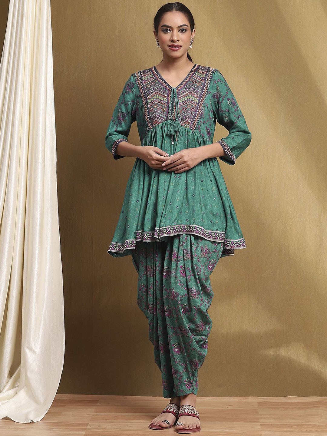 

Biba Floral Printed Empire Thread Work A Line Kurta with Salwar & Dupatta, Green