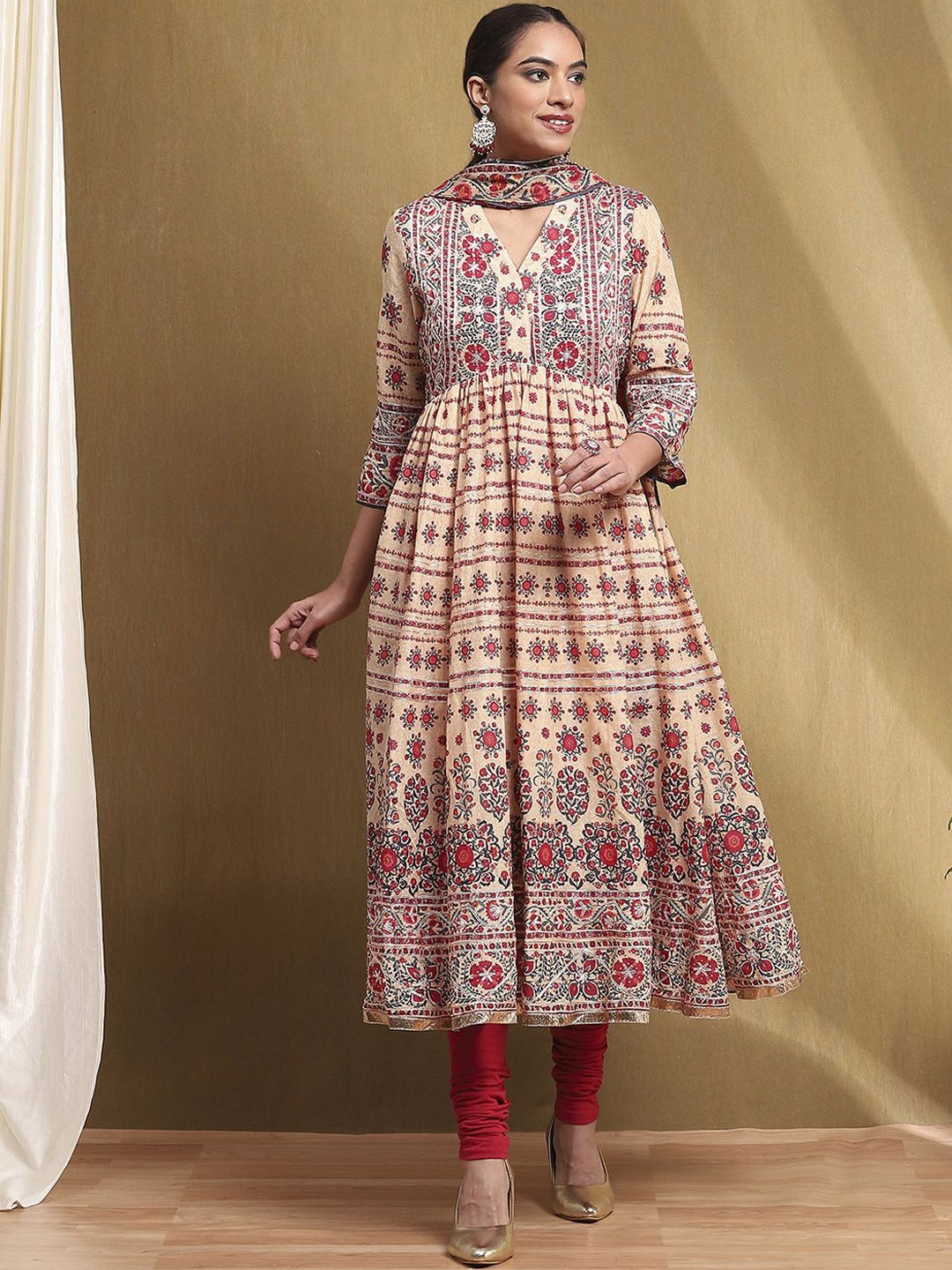

Biba Floral Printed Angrakha Pure Cotton Anarkali Kurta With Leggings & Dupatta, Cream