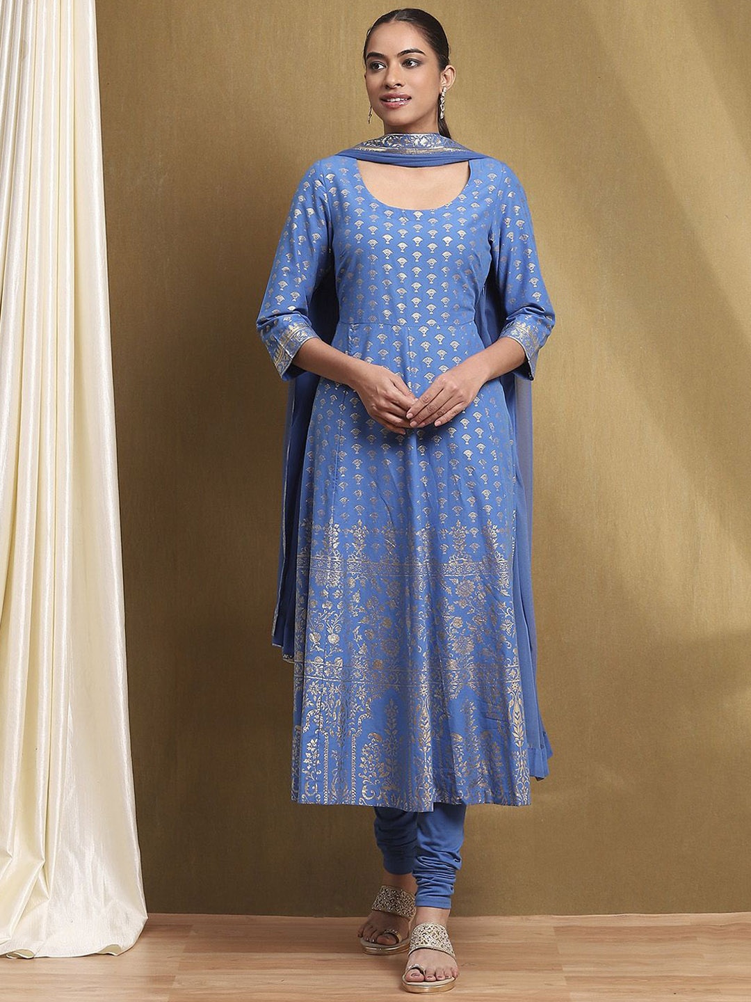 

Biba Floral Printed Pure Cotton Anarkali Kurta with Churidar & Dupatta, Blue