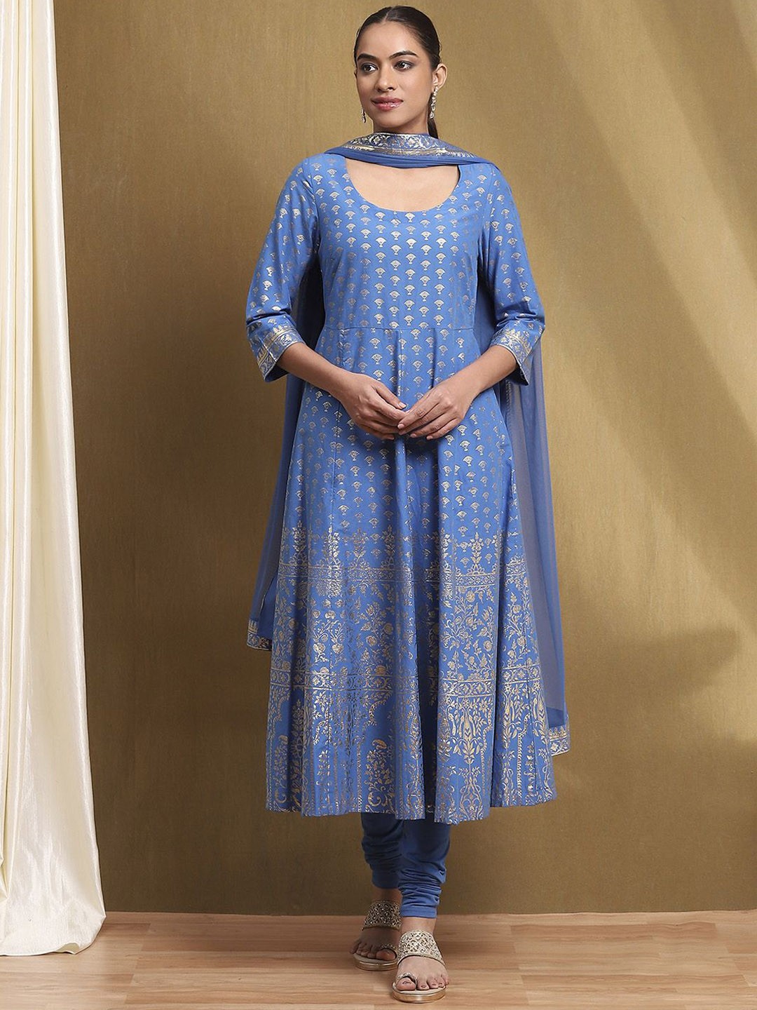 

Biba Floral Printed Regular Pure Cotton Anarkali Kurta with Churidar & Dupatta, Blue
