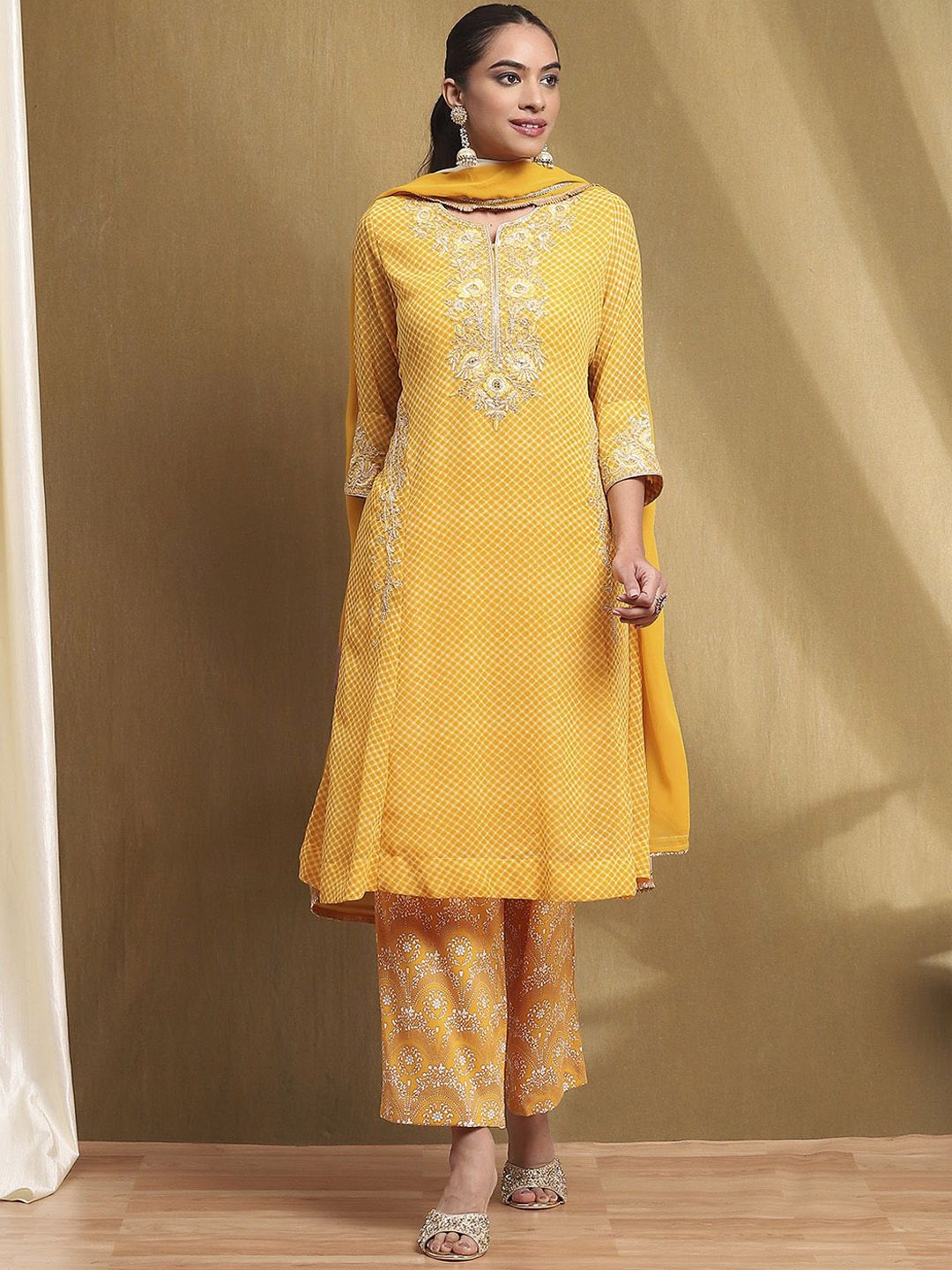 

Biba Women Embroidered Regular Zardozi Kurta with Palazzos & With Dupatta, Yellow