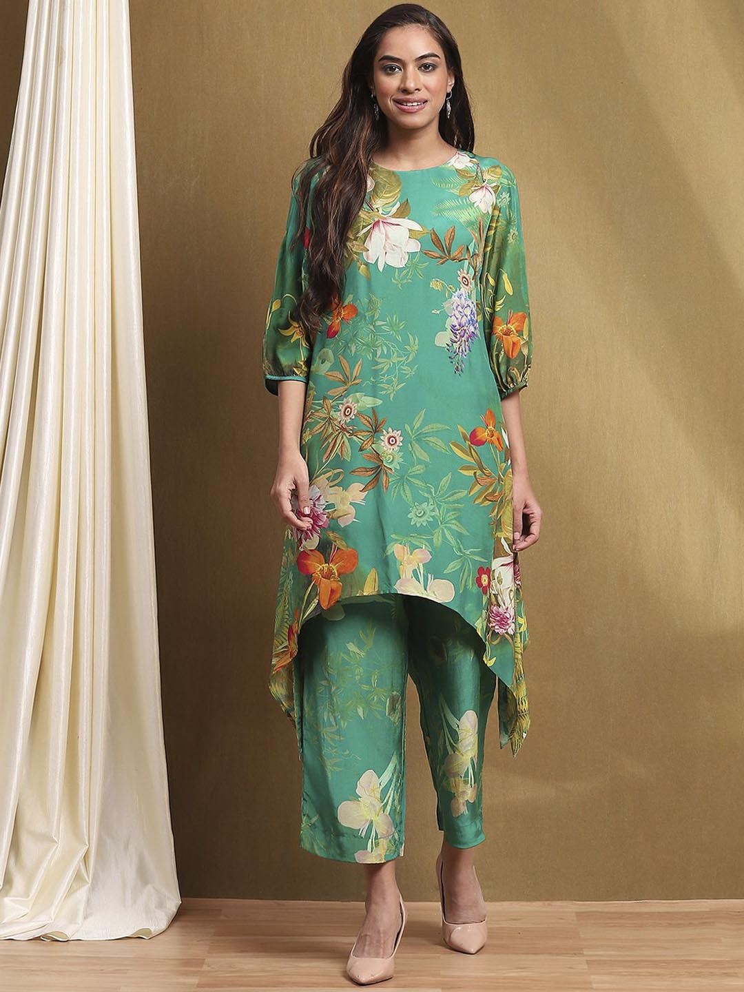 

Biba Floral Printed Round Neck Three-Quarter Sleeves Regular Kurta With Palazzo, Green