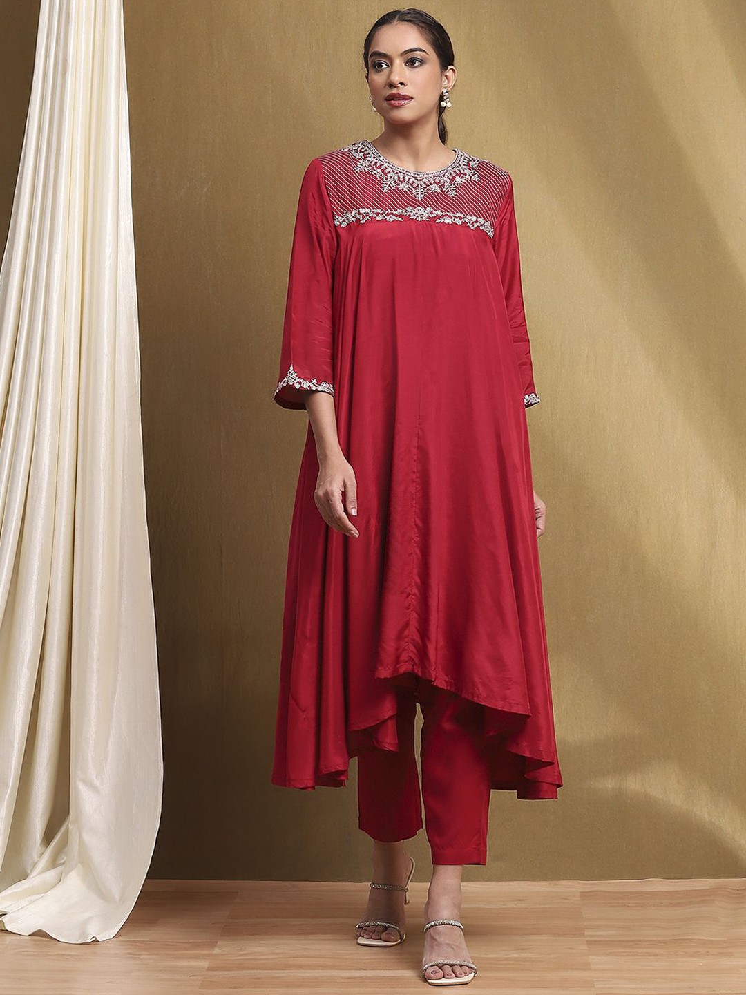 

Biba Floral Embroidered Round Neck Three-Quarter Sleeves Pleated Kurta With Trouser, Red