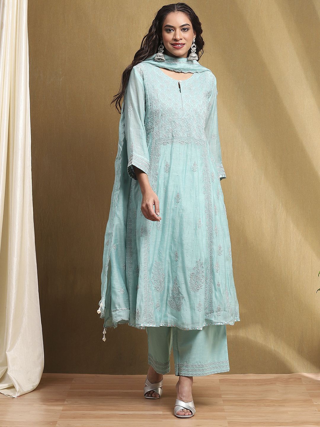 

Biba Ethnic Motifs Embroidered Panelled Anarkali Kurta With Palazzo & Dupatta & Camisole, Blue