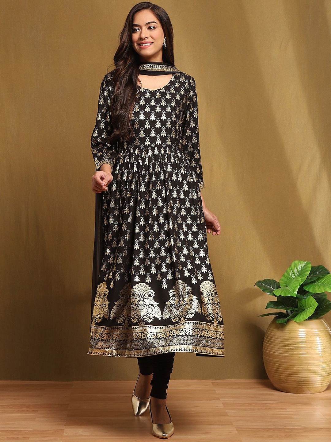 

Biba Women Ethnic Motifs Printed Regular Kurta with Churidar & With Dupatta, Black