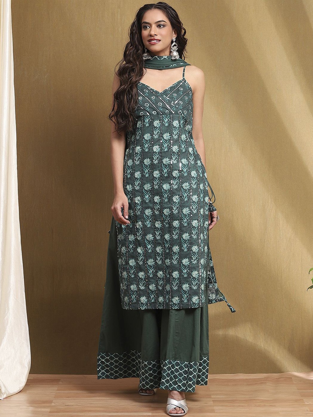 

Biba Floral Embroidered Regular Mirror Work Pure Cotton Kurta With Sharara With Dupatta, Green