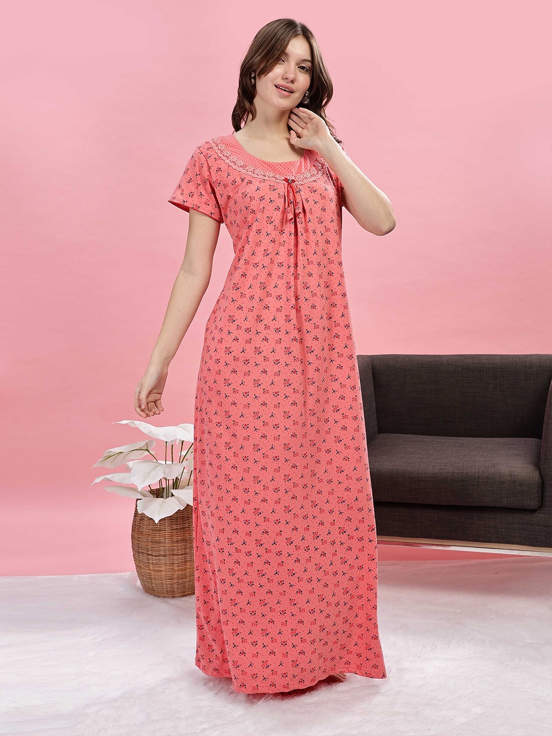 

9shines Label Women Printed Maxi Nightdress, Peach