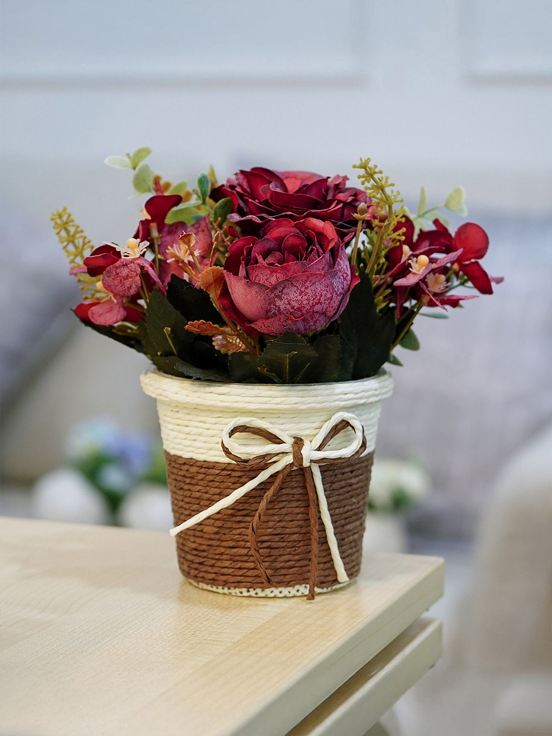 

Ekhasa Red Rose Artificial Flower With Organic Vase Pot