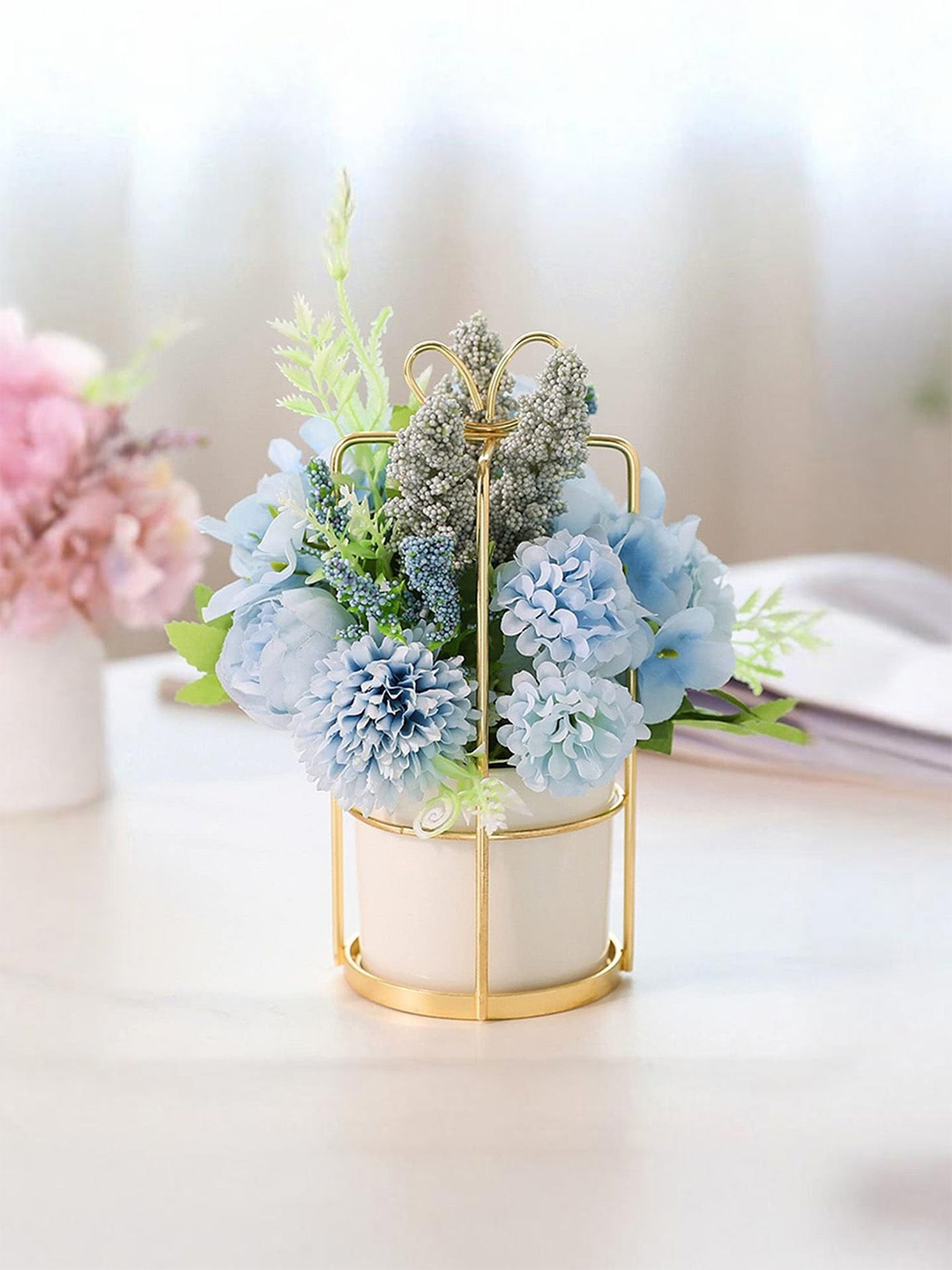 

Ekhasa Blue Daisy & Dahlia Artificial Flower Plant With Ceramic Vase Pot, Gift Pack