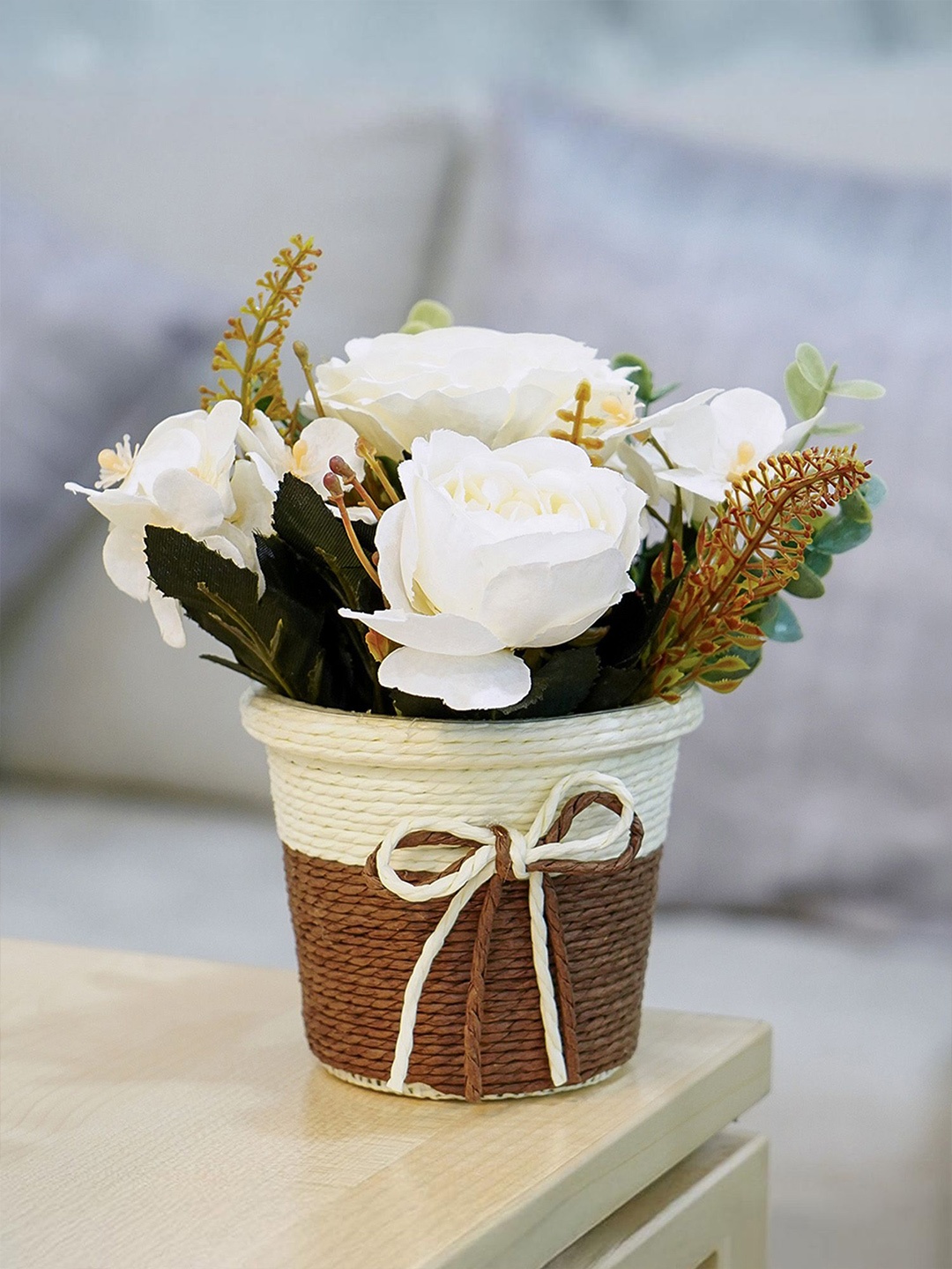 

Ekhasa White Rose Artificial Flower With Organic Vase Pot