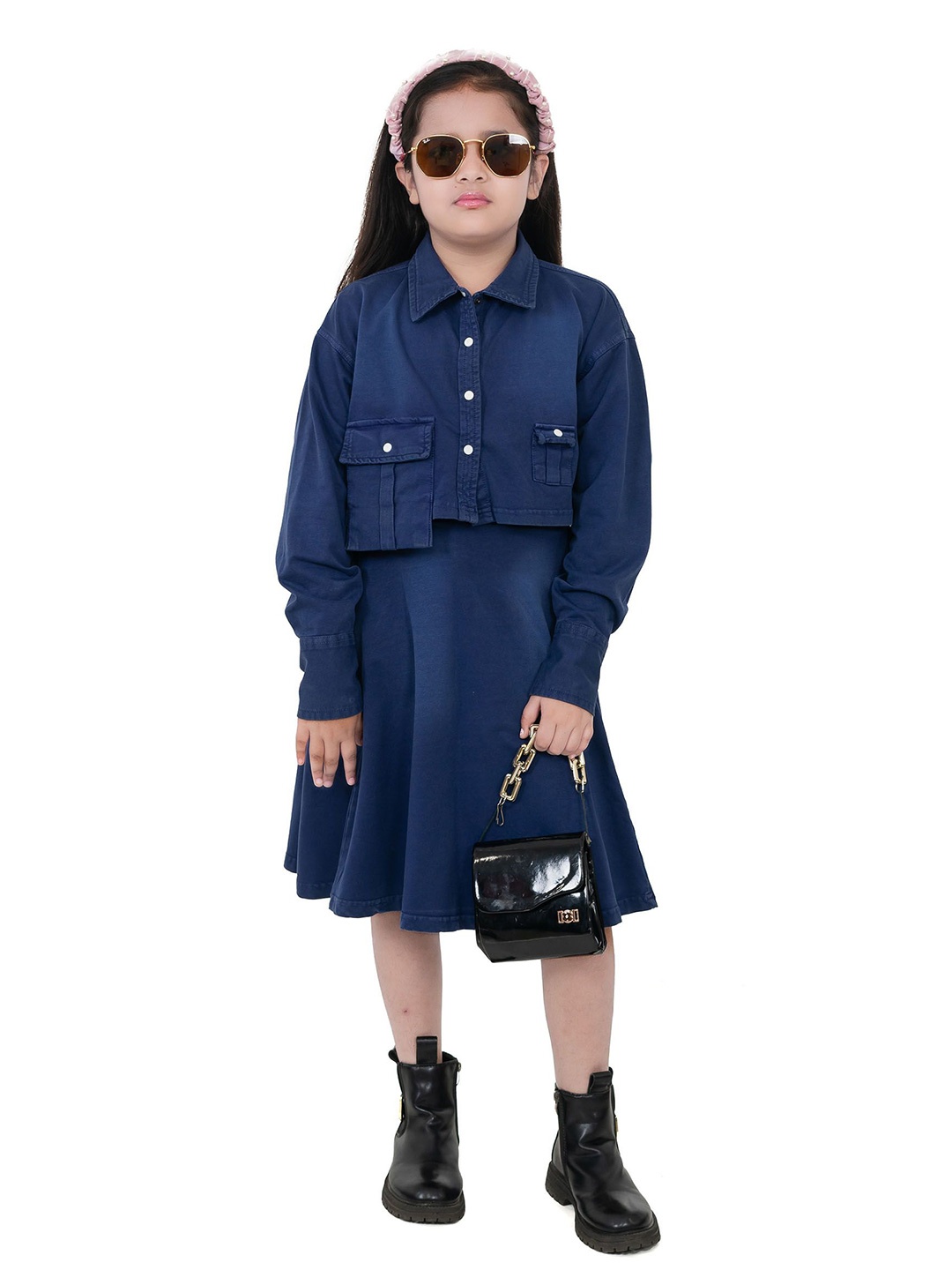

DDOUDDOU Girls Shirt Collar Long Sleeves Shirt With Skirt, Blue
