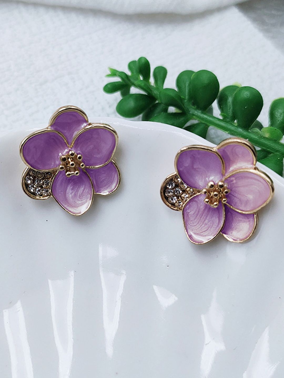 

VAGHBHATT Rhodium-Plated Stainless Steel Rhinestone New Drop Oil Camelia Floral Studs, Purple