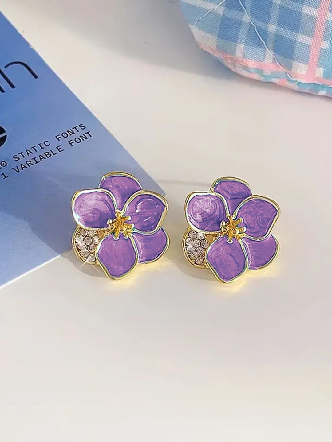 

VAGHBHATT Rhodium-Plated Stainless Steel Rhinestone New Drop Oil Camelia Floral Studs, Purple