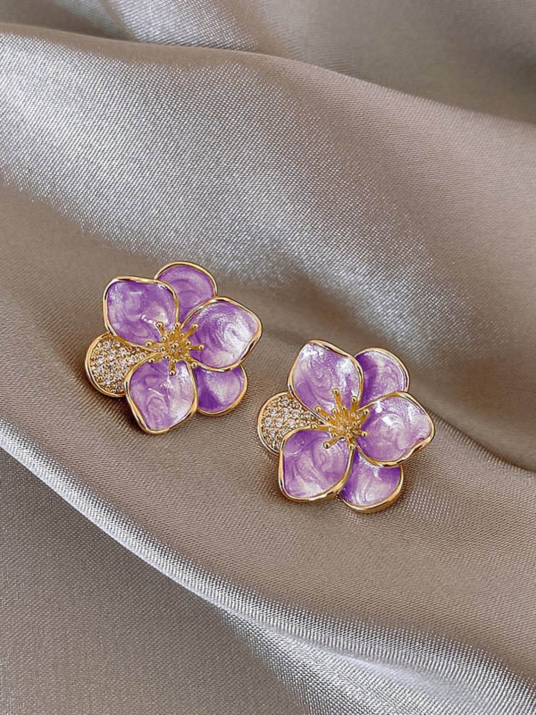 

VAGHBHATT Rhodium-Plated Stainless Steel Rhinestone New Drop Oil Camelia Floral Studs, Purple