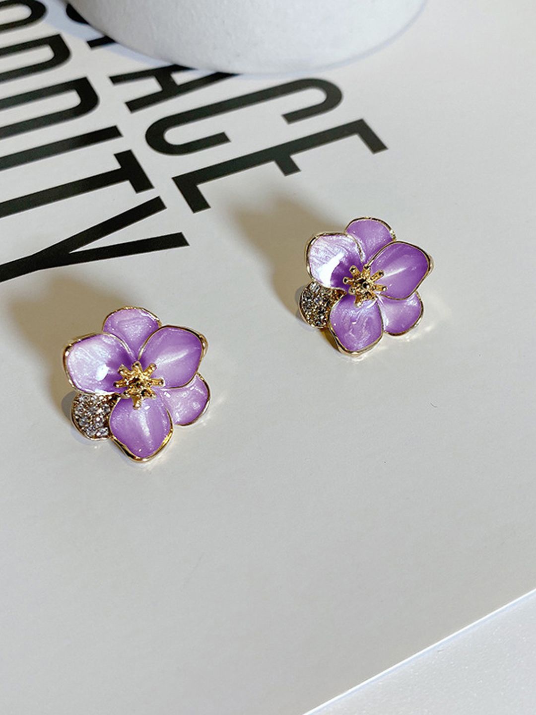 

VAGHBHATT Rhodium-Plated Stainless Steel Rhinestone New Drop Oil Camelia Floral Studs, Purple