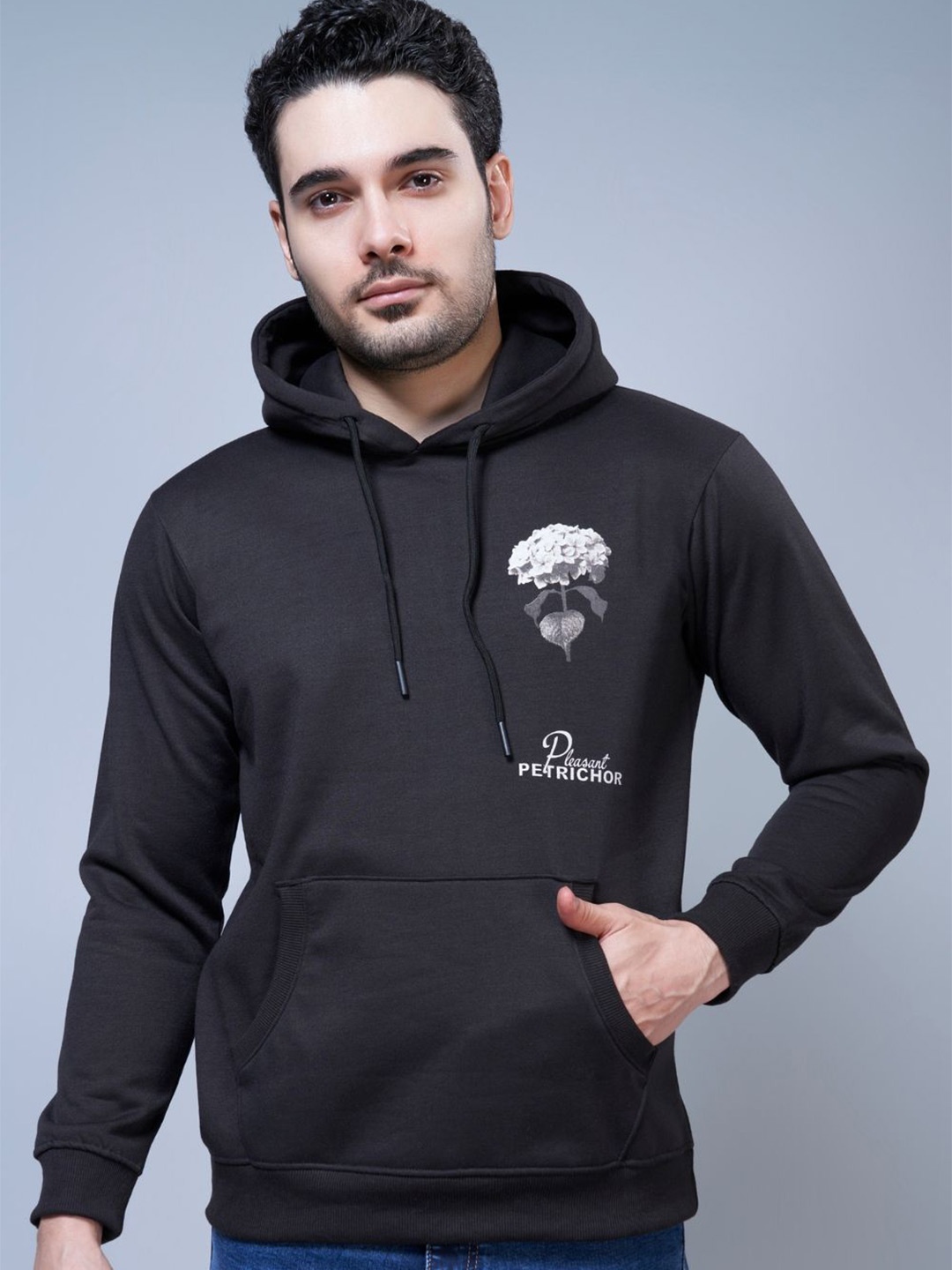 

MAXZONE Men Cotton Floral Printed Hooded Sweatshirt, Black