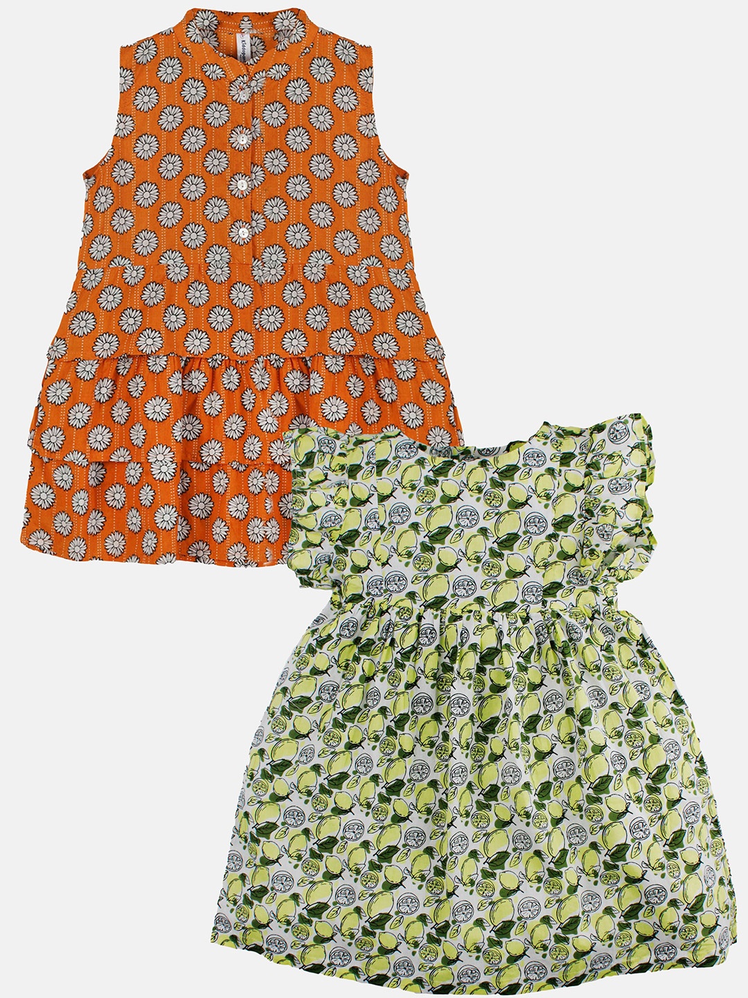 

KiddoPanti Girls Pack Of 2 Cotton Floral Printed Sleeveless Dress, Brown