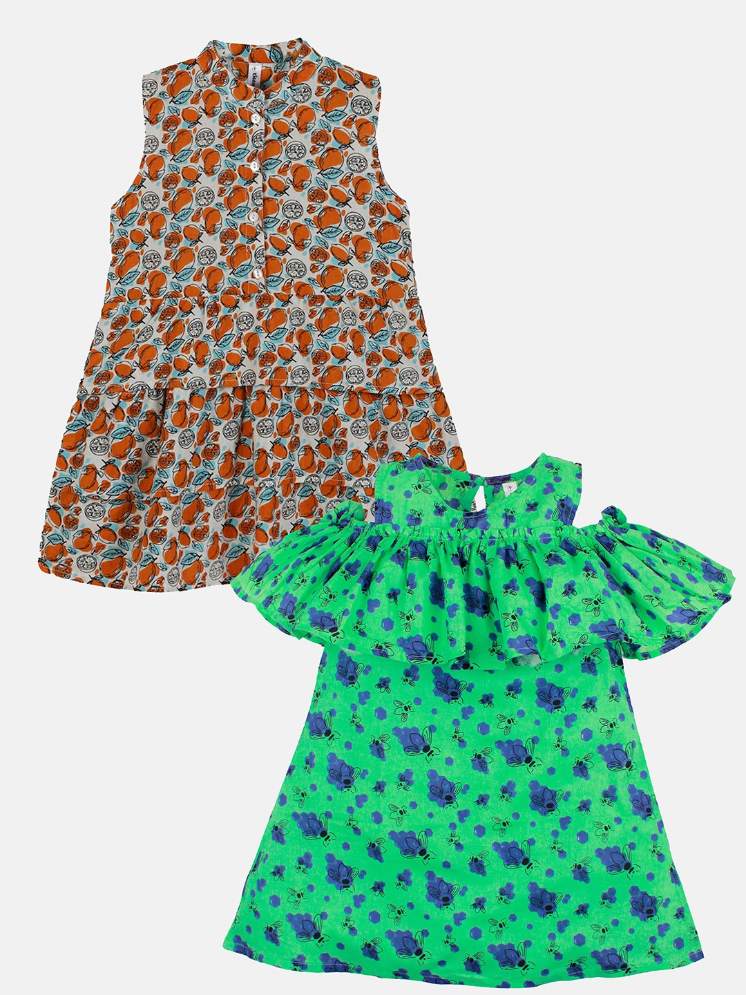 

KiddoPanti Girls Pack Of 2 Cotton Floral Printed Dress, Multi
