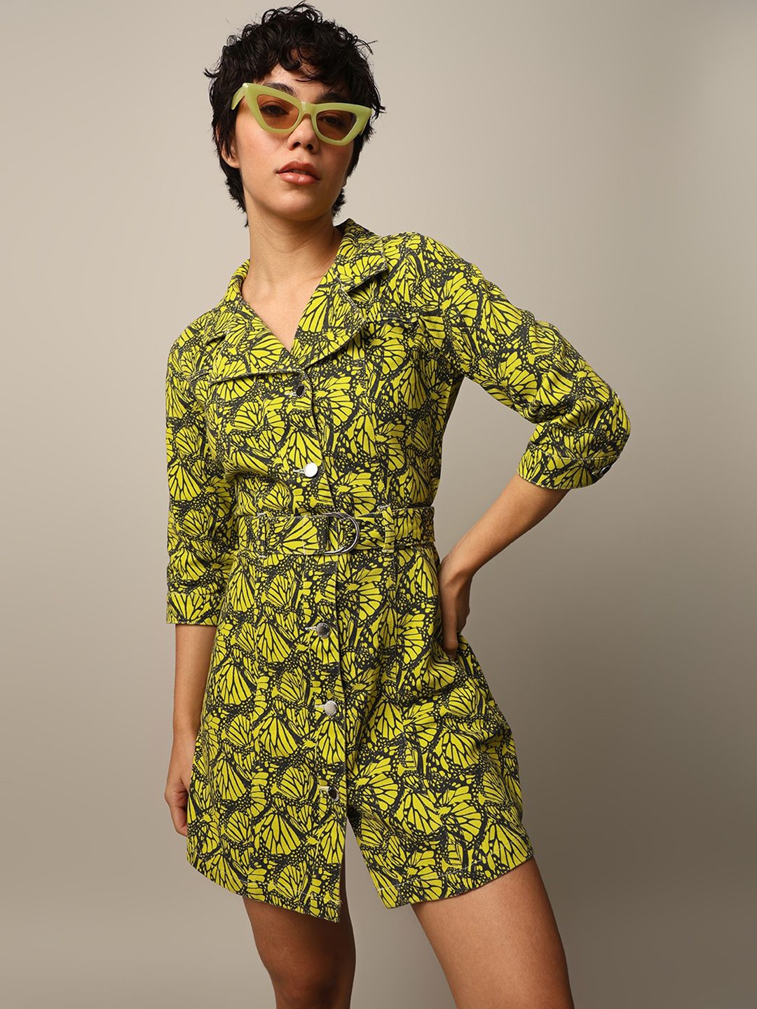 

ONLY Women Cotton Floral Printed Shirt Style Belted Mini Dress, Green