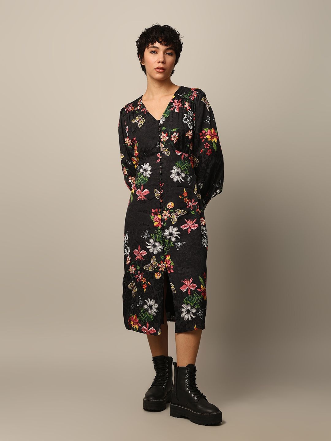 

ONLY Floral Print Jacquard Shift Midi Dress, Black