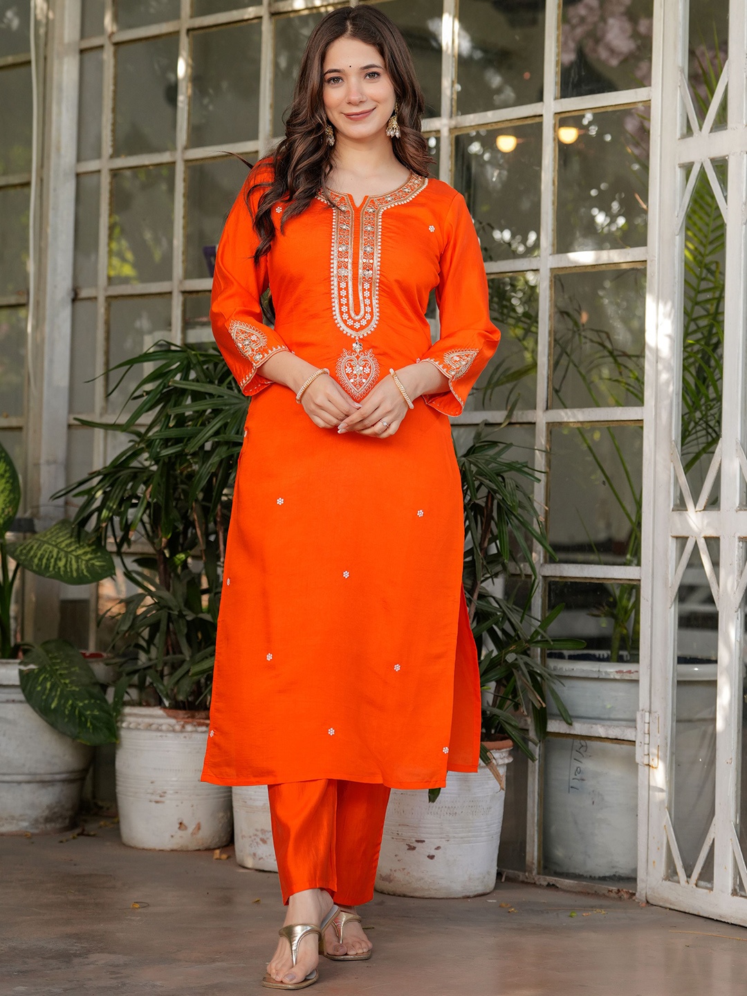 

KALINI Embroidered Sequinned Jacquard Chanderi Silk Kurta With Trousers & Dupatta, Orange