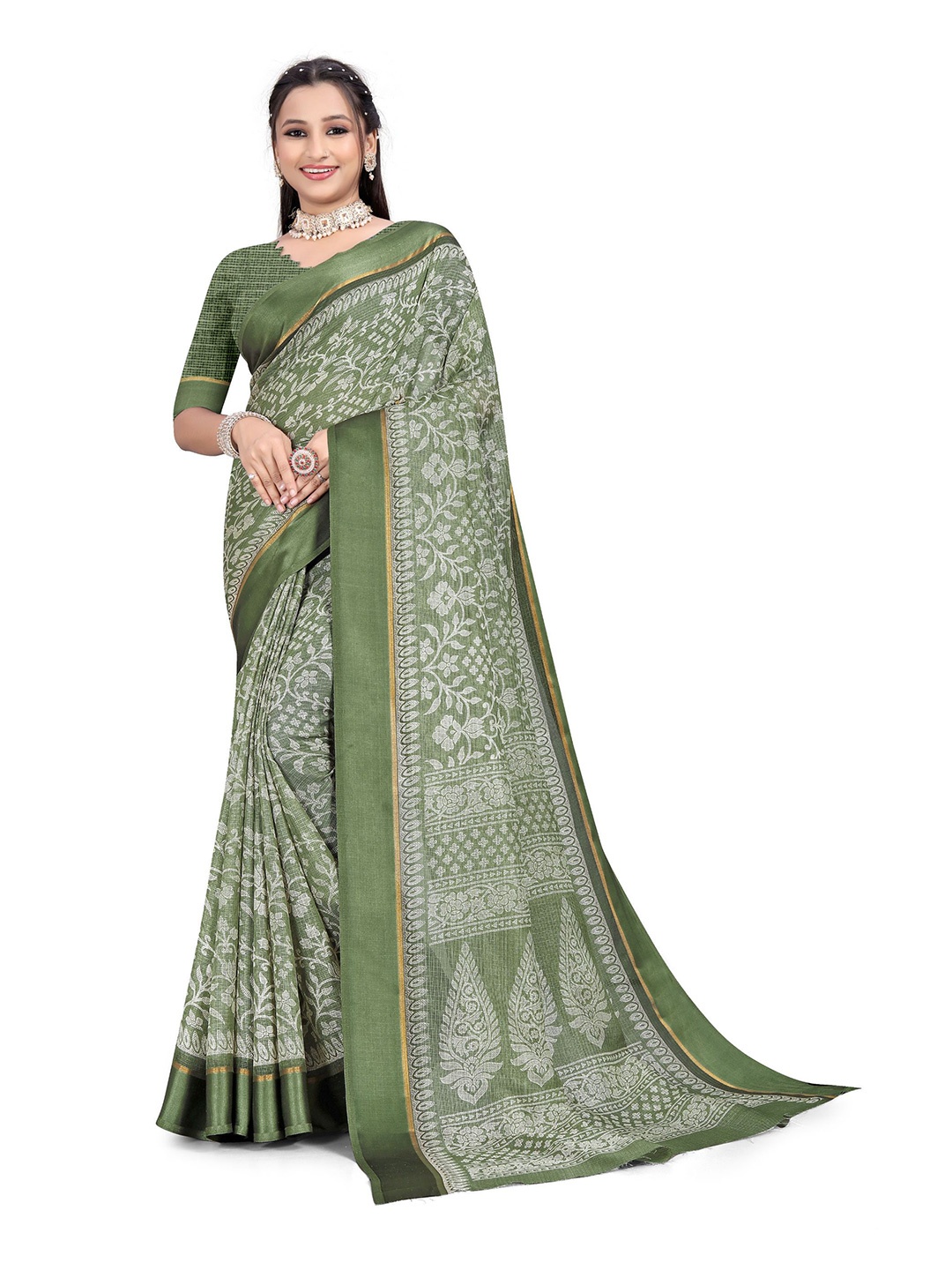 

RUNAYA NX Woven Design Floral Ikat Saree, Green