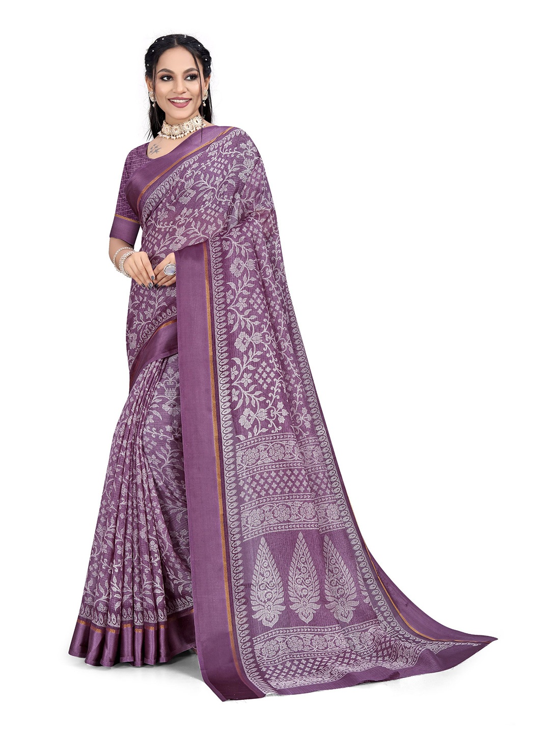 

RUNAYA NX Woven Design Floral Ikat Saree, Purple