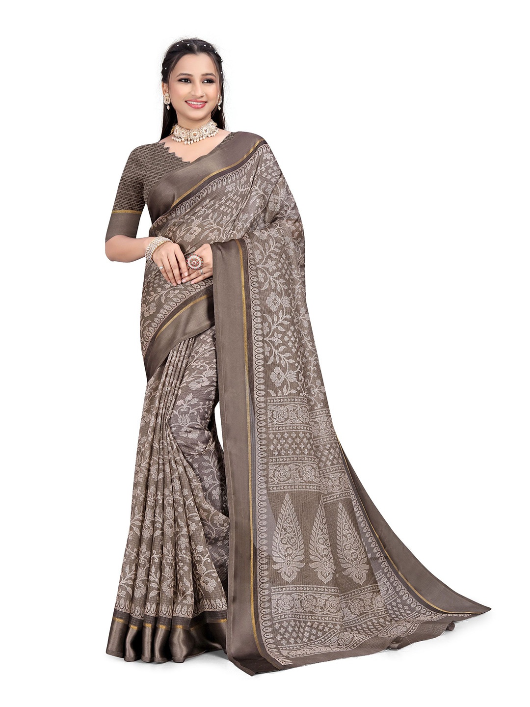 

RUNAYA NX Floral Printed Ikat Saree, Brown