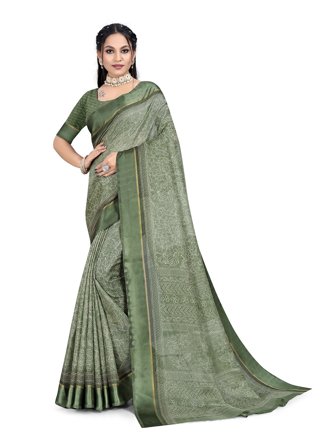 

RUNAYA NX KASHISH12 Floral Printed Ikat Saree, Green