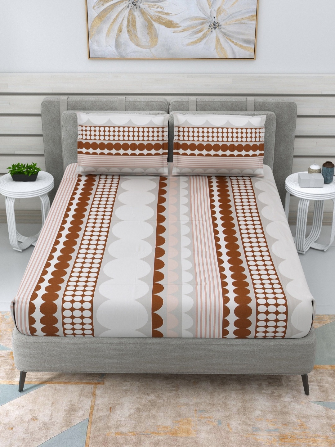 

THE LINEN COMPANY White Geometric 300 TC Cotton Single Bedsheet Set 1.52 m x 2.28 m, Bronze