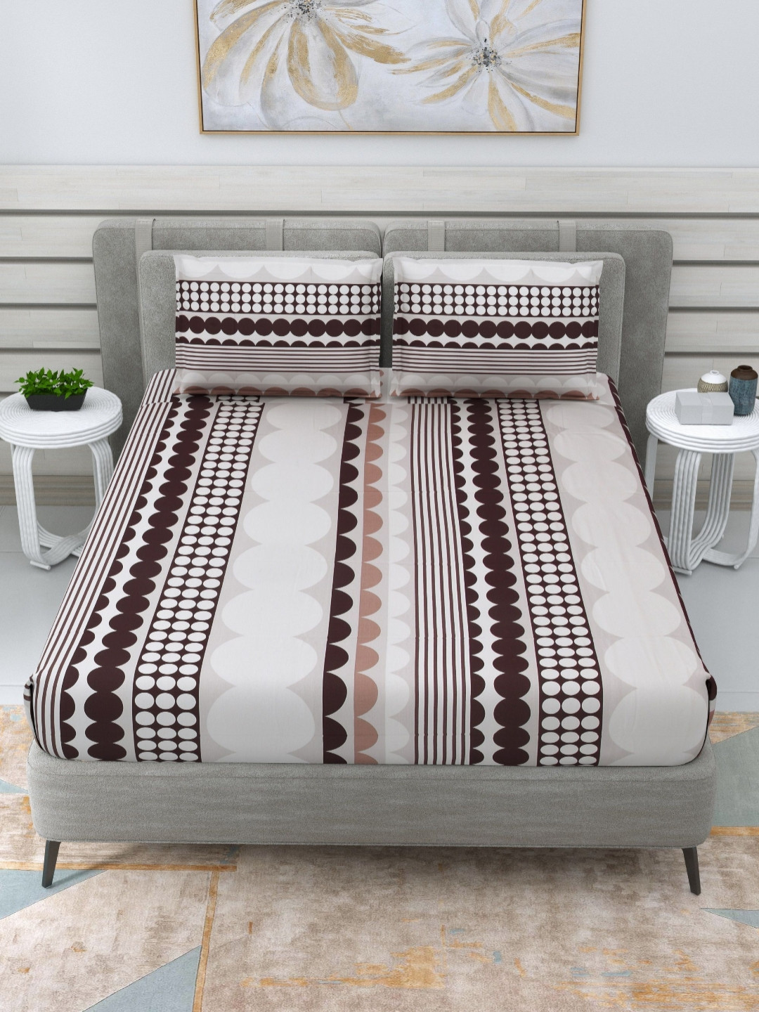 

THE LINEN COMPANY Brown Geometric 300 TC Cotton Single Bedsheet Set 1.52 m x 2.28 m